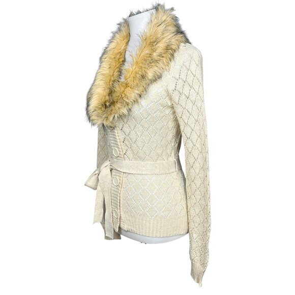 Vintage Y2K Fur Trim Cardigan Sweater Pointelle Knit Penny Lane Cream - Picture 5 of 13